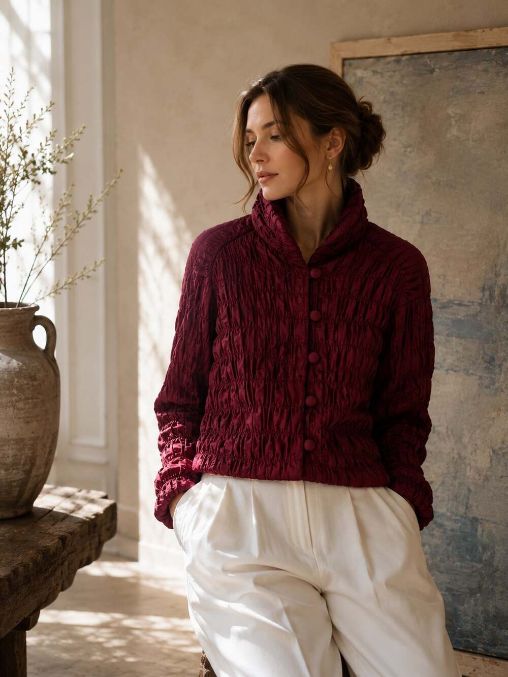 Richard Tsao Burgundy Crinkle Silk Jacket Art To Wear Designer Statement